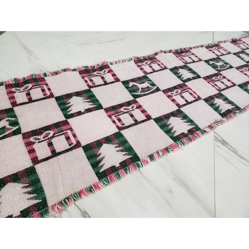 Christmas Table Runner Pink Plaid Tree Rocking Horse Cottagecore Coquette Mod